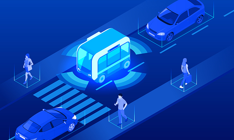 An illustration of smart transit where a smart bus is on a road with other cars and people on the sidewalk